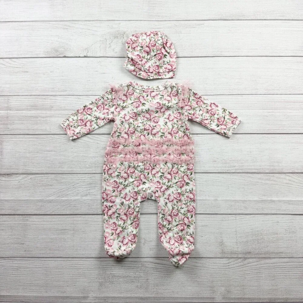 Nicole Miller NY Baby Footie Floral Rose Print Ruffle Sleeper Hat Set 3-6 Months - Picture 3 of 3